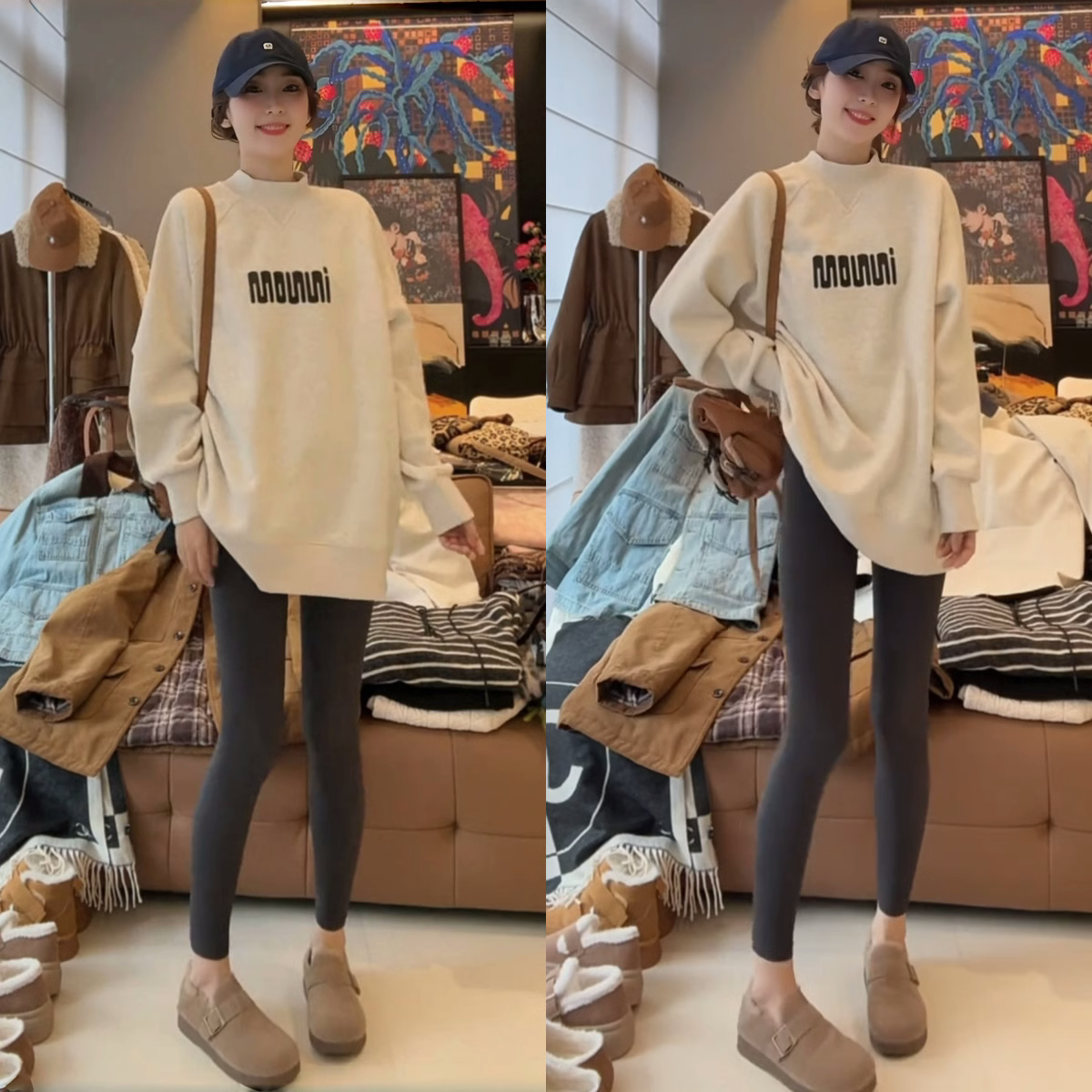 嘎嘎显瘦高质量时尚字母印花加厚长袖卫衣女冬季半高领中长款上衣