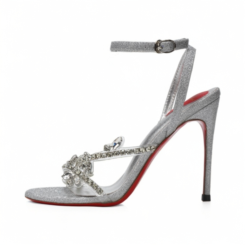 露趾细跟凉鞋女2025新款夏季红底高跟鞋一字扣水钻装饰不累脚鞋子