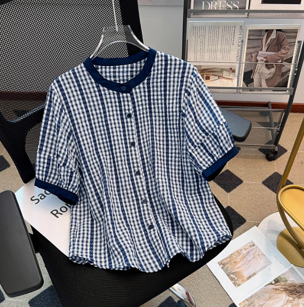 蓝色格子衬衫女款夏短袖2025新款爆款宽松慵懒风超火减龄上衣小衫