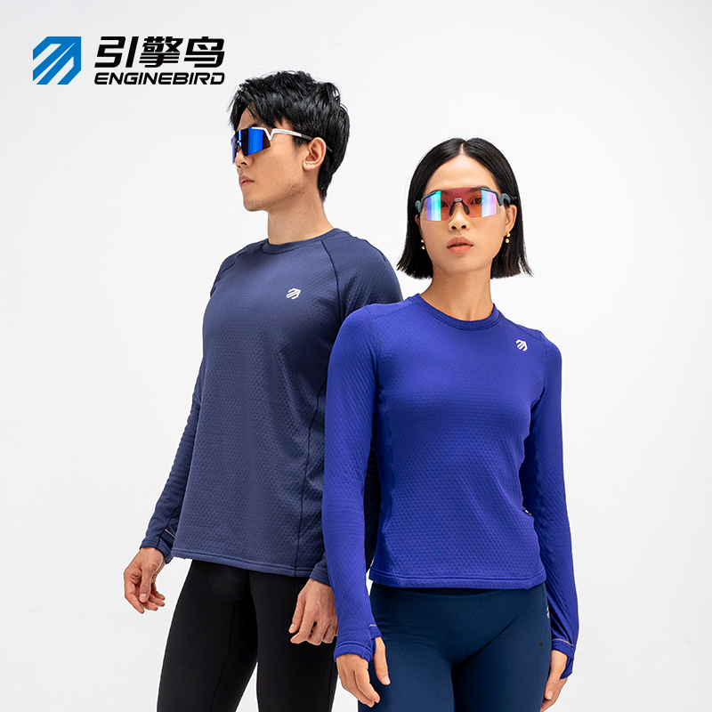 引擎鸟圆点动态保暖透气拉绒长袖圆领弹力户外长袖速干跑步长袖女