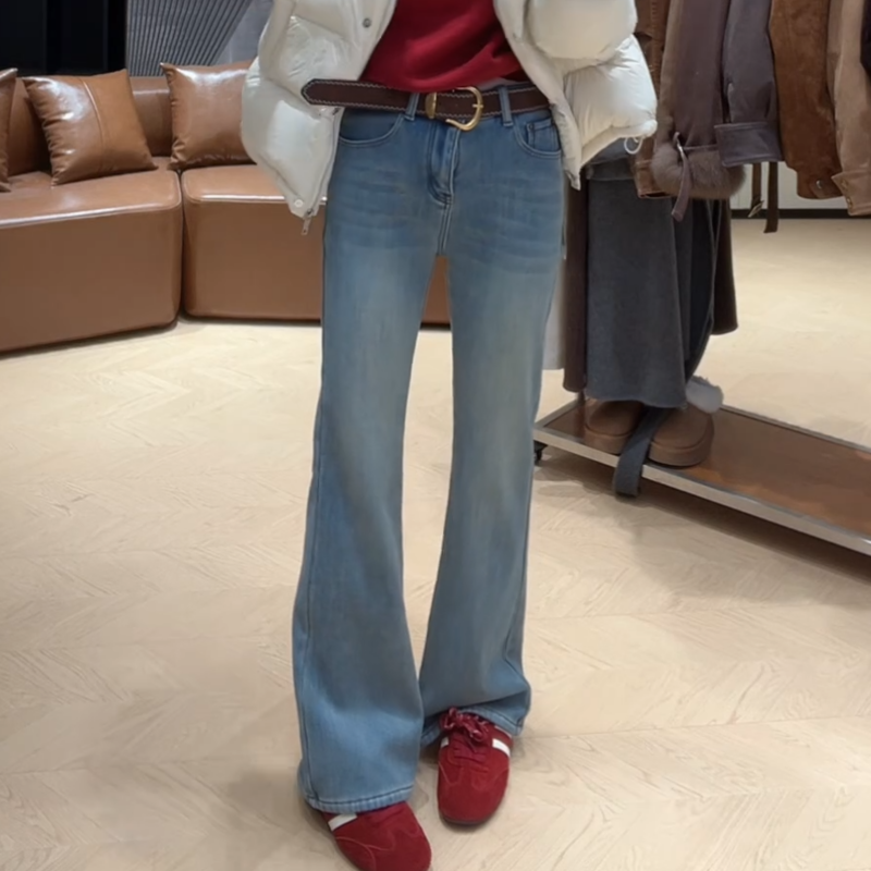 冬季新款加绒显瘦微喇高腰牛仔裤时尚百搭裤子LK2508986