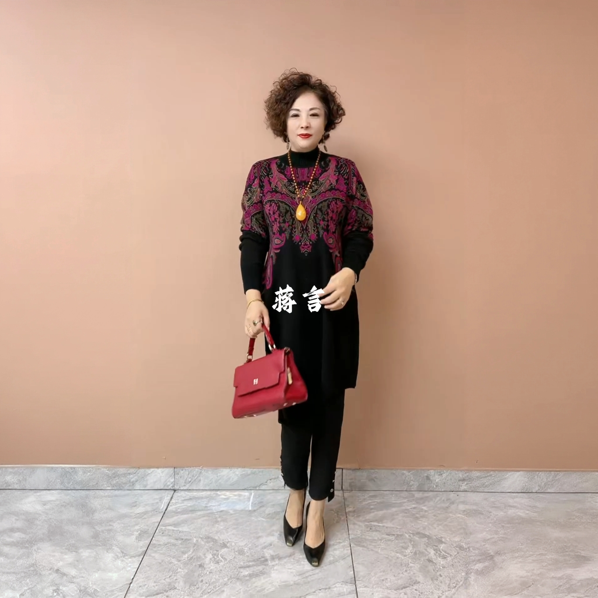 时尚大码腰果花中长款针织衫妈妈装25秋冬长袖宽松弹力毛衣打底裙