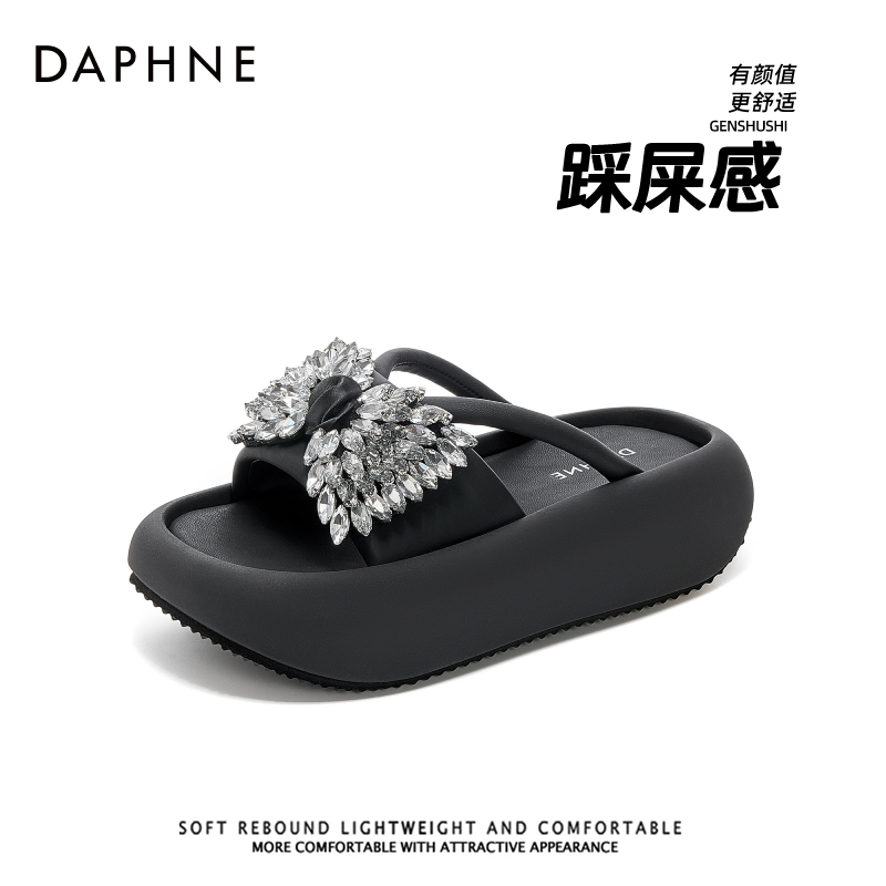 达芙妮2025夏季新款时尚百搭凉鞋女露趾厚底松糕底蝴蝶结水钻凉鞋