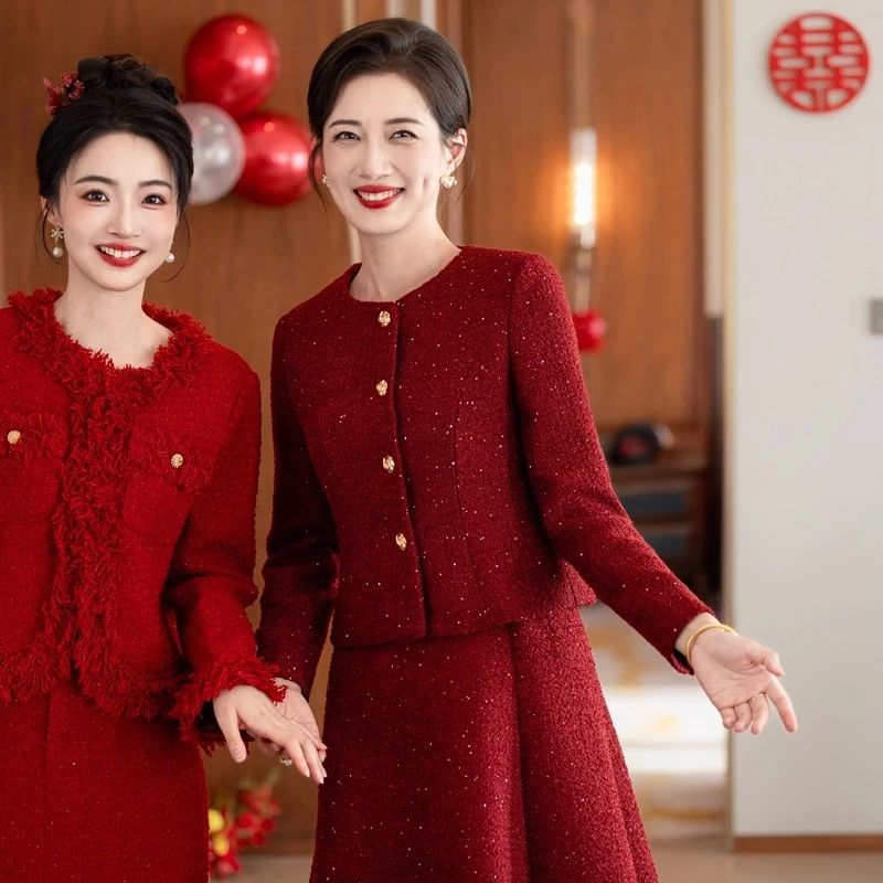 高端妈妈婚宴礼服套装秋冬新款大码红色喜婆婆小香风两件套连衣裙