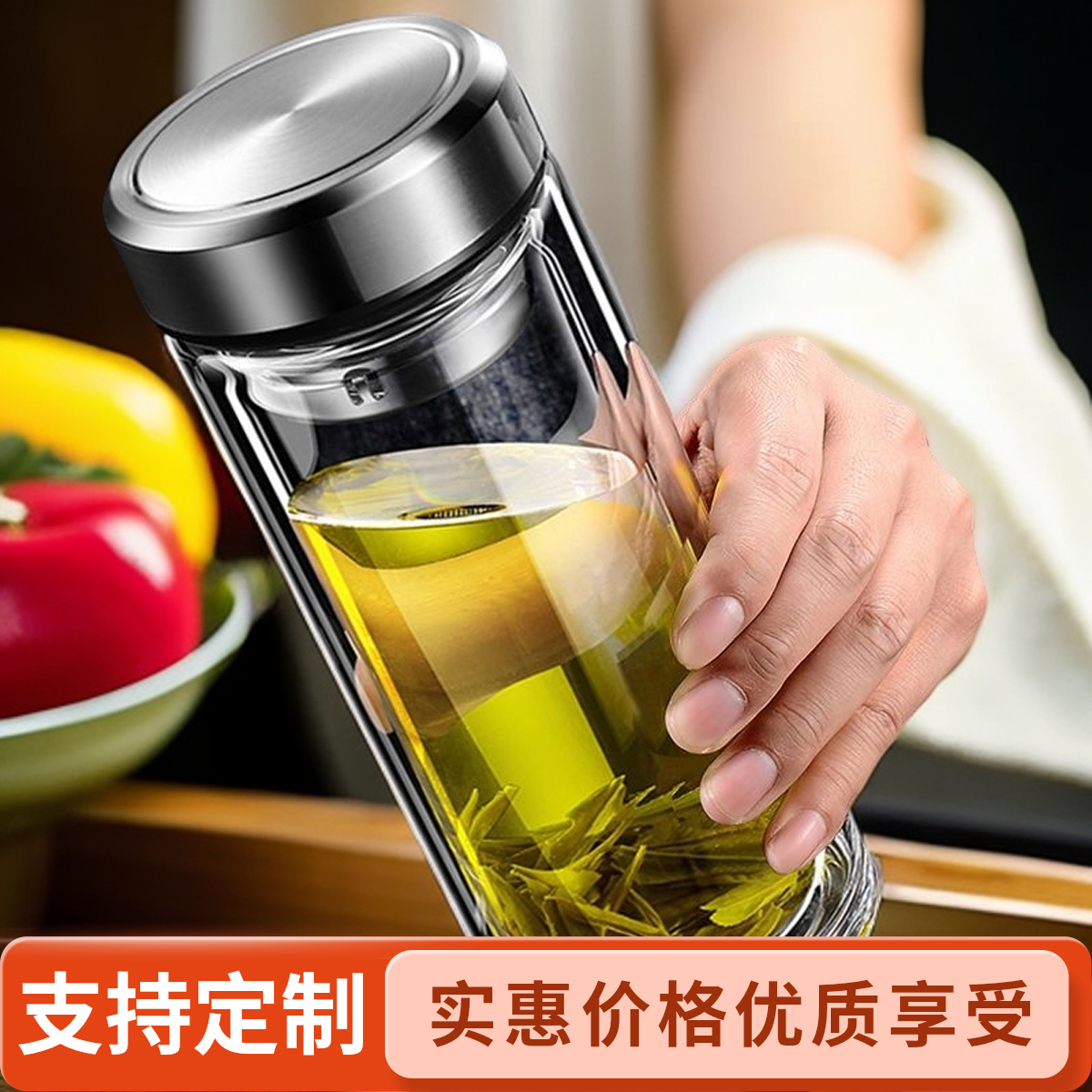 定制大容量加厚双层玻璃杯办公车载防摔带盖隔热透明男女士水杯子