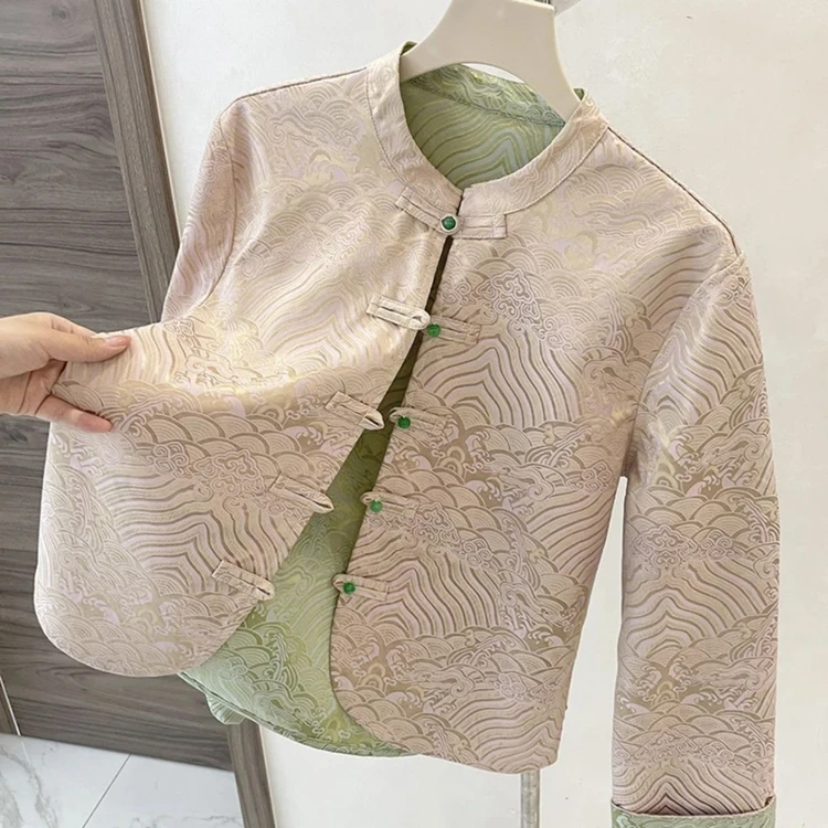 【双面穿】春季薄新中式宋锦缎祥云提花立领长袖外套女气质减龄两穿