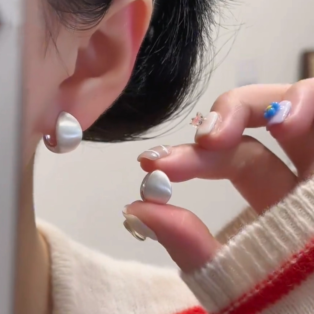 铜合金耳饰 银针银色拉丝弧面水滴耳环气质通勤耳扣设计耳饰女潮