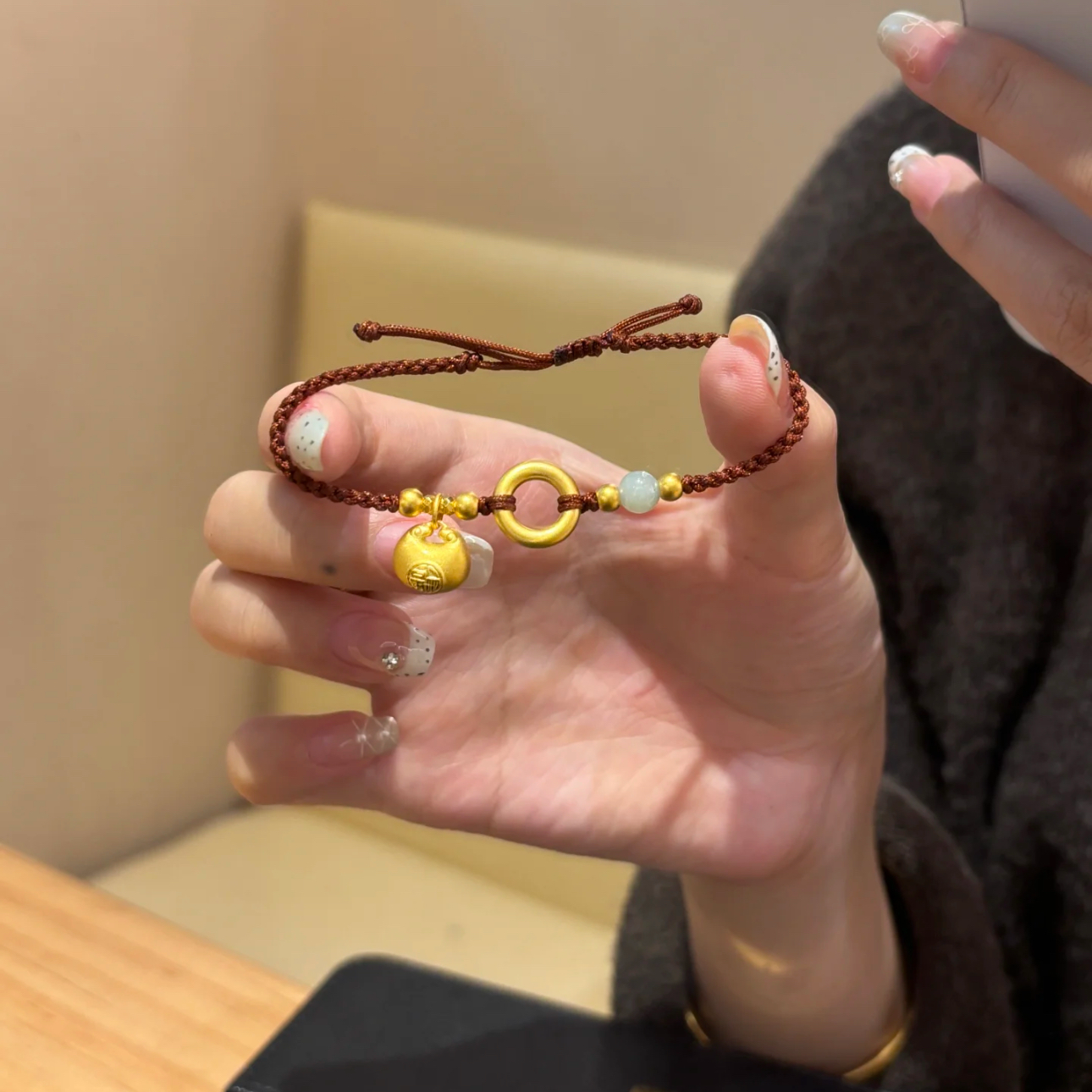 铜合金手链 新中式小胖福吊坠手链手工编绳首饰设计感民族风手绳