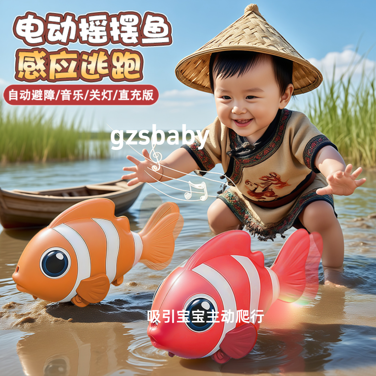幼儿电动爬行感应小鱼网红仿真小丑鱼玩具自吸引爬行追逐儿童玩偶