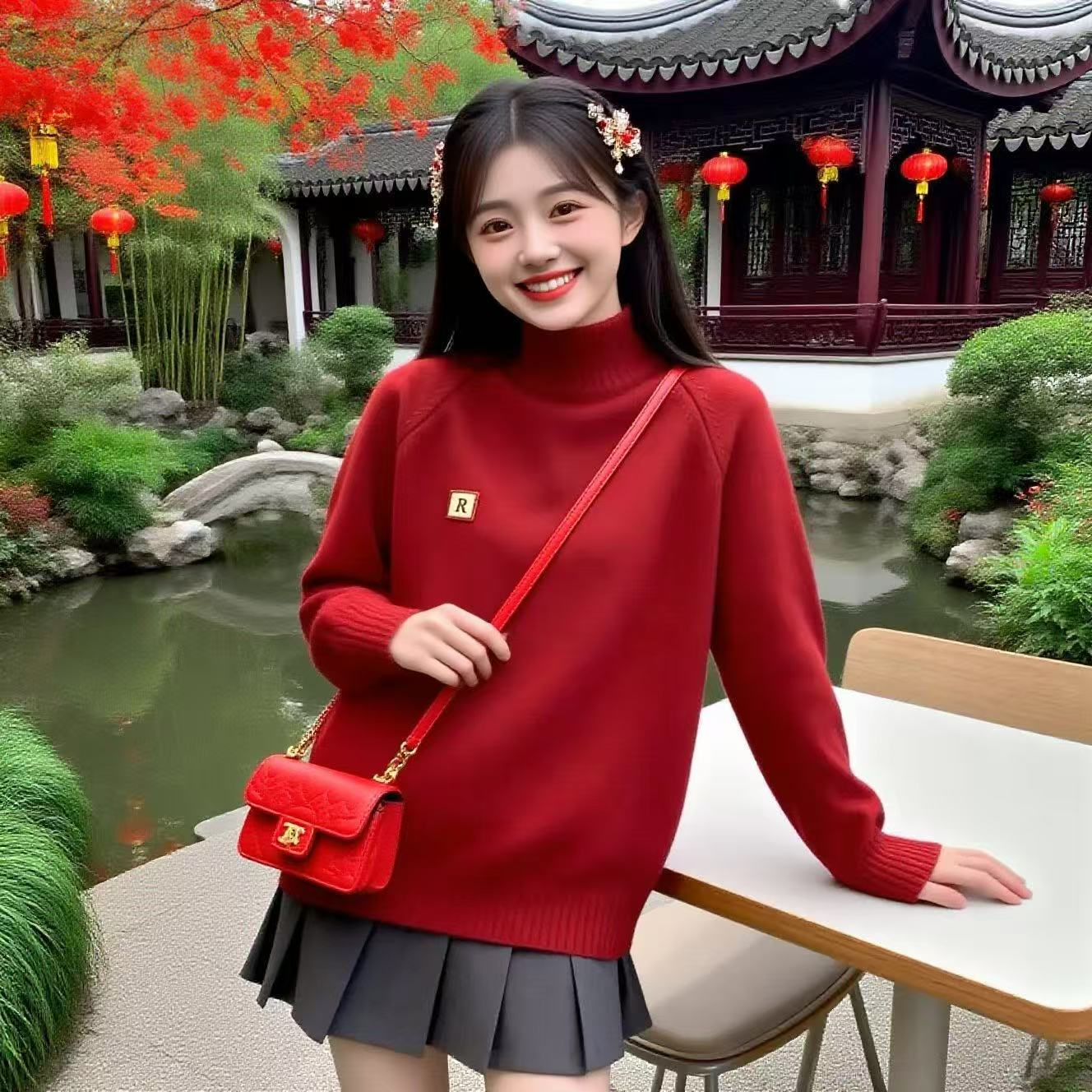 女大童初中生红色毛衣春秋冬新款13岁女孩本命年洋气加厚新年衣服