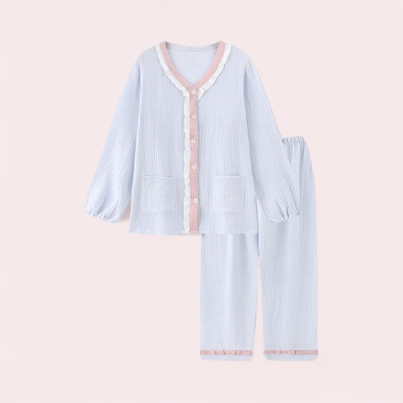 『半岛浪花』日系睡衣春秋款女纯棉纱布长袖可外穿薄款家居服套装