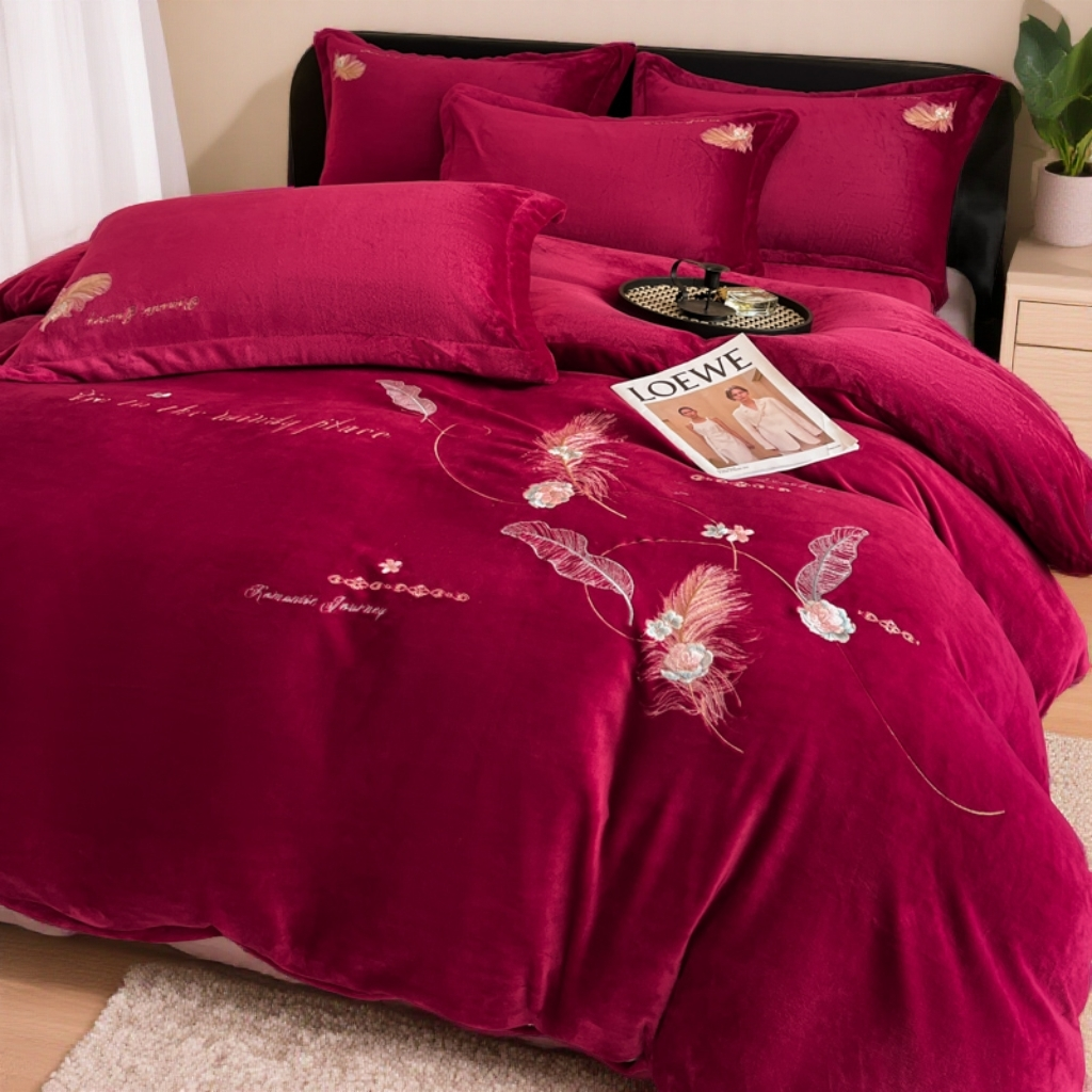 冬季牛奶绒刺绣四件套加厚加绒双面绒加绒法兰绒被套床单珊瑚绒