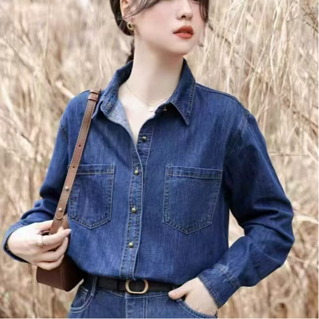 琪宝瑞秋季新款牛仔衬衫女叠穿百搭小众设计感复古港味宽松长袖