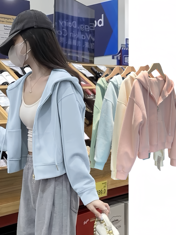 早秋短款奶蓝色卫衣外套女秋冬加绒加厚小个子宽松百搭连帽拉链衫