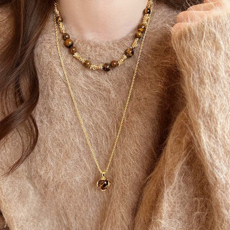 铜合金项链 复古气质虎眼石款吊坠项链气质长款毛衣链高级感颈链