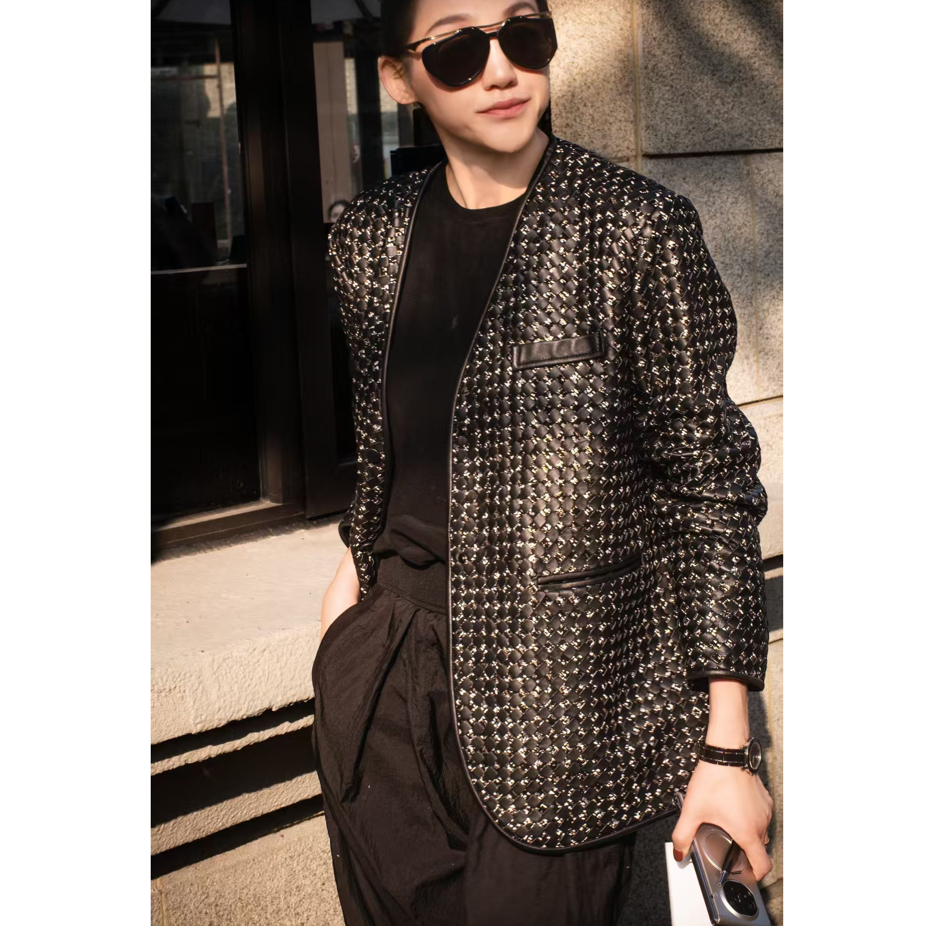 流金岁月 头层小羊皮 编织工艺  皮衣外套 WT1136