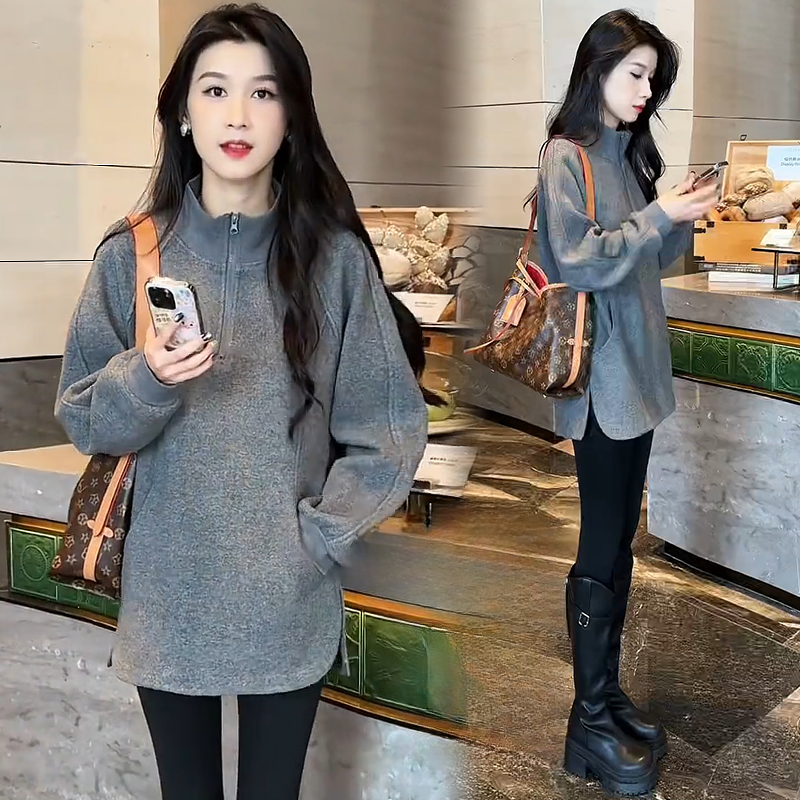 拉夏贝尔灰色立领卫衣秋季新款时尚洋气美式复古中长款打底上衣