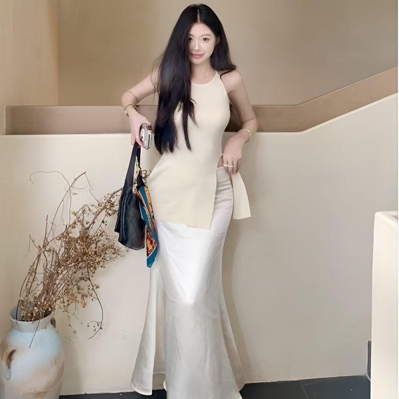 高级感无袖针织上衣女夏名媛缎面包臀半身长裙套装