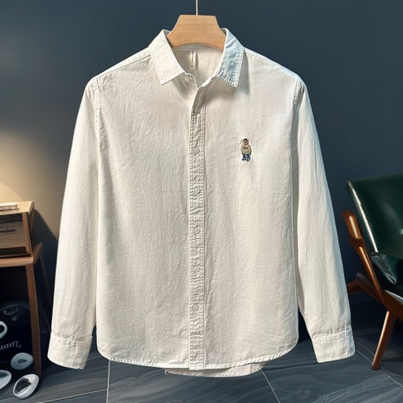 早秋复古简约纯色休闲长袖衬衫男文艺潮流小熊刺绣衬衣外套
