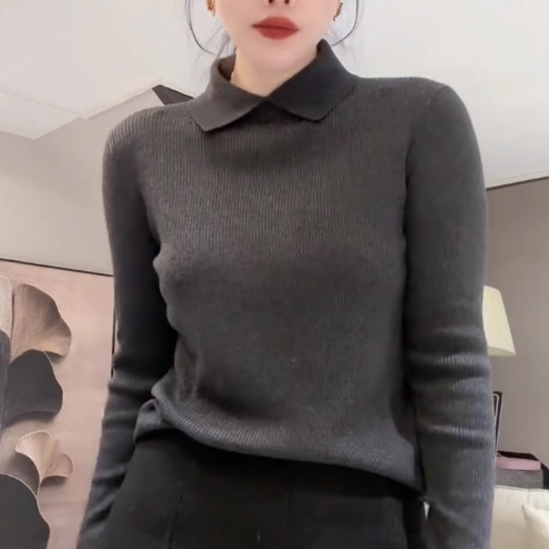 欧货翻领长袖针织衫女2025秋冬新款百搭显瘦设计感小众打底上衣潮