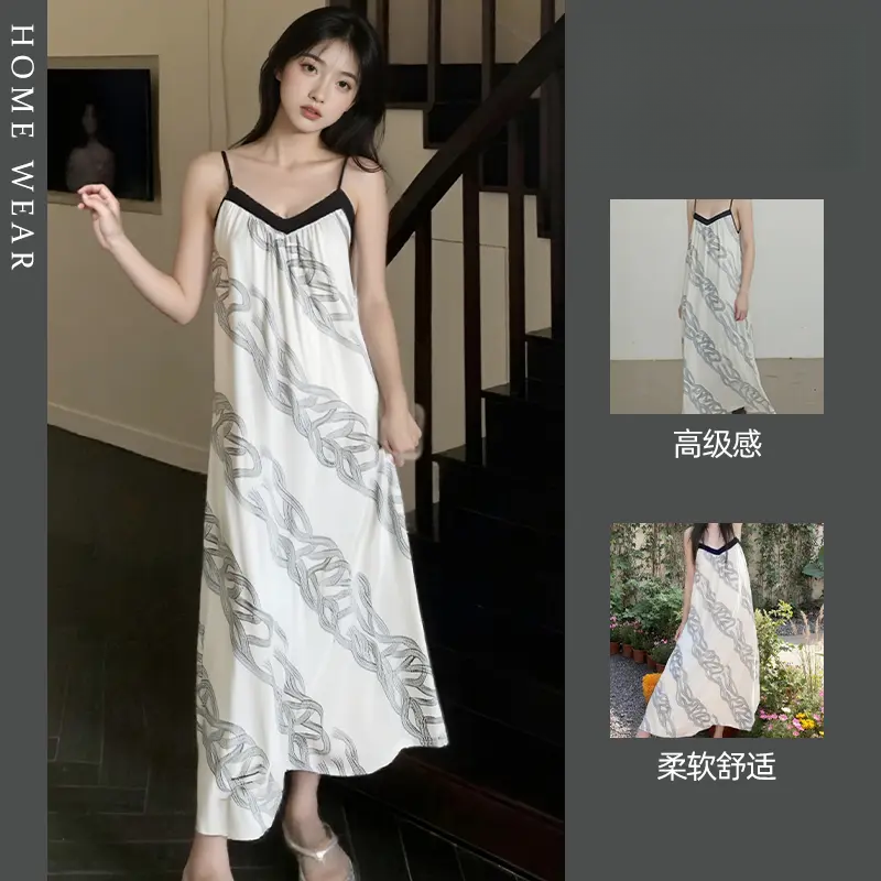 云朵棉性感气质吊带睡裙女夏季薄款纯欲风条纹小众感V领露背睡衣