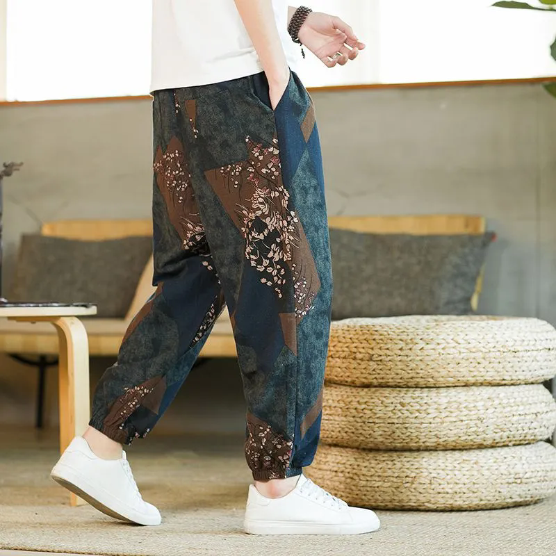 夏季男士中国风宽松灯笼裤大码印花休闲九分裤薄款阔腿束脚裤