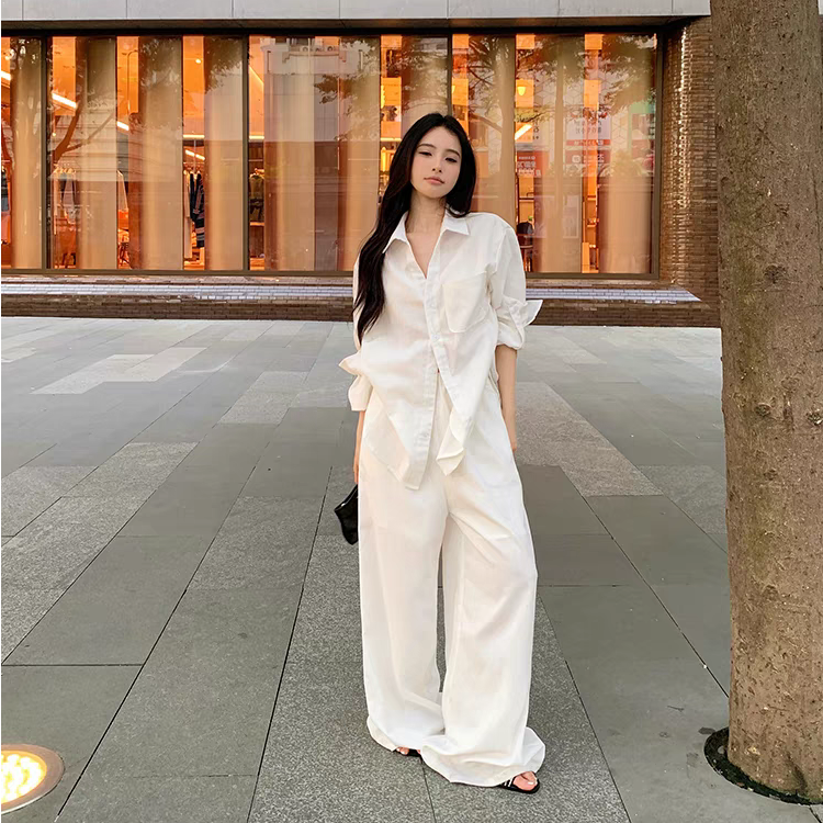 老钱风宽松衬衫外套女装春季白色薄款长袖防晒衬衣慵懒风套装