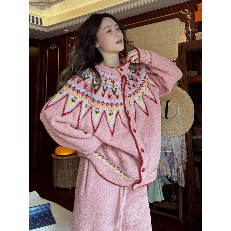 复古针织半边绒睡衣女秋冬季款新款保暖加厚大码家居服套装可外穿