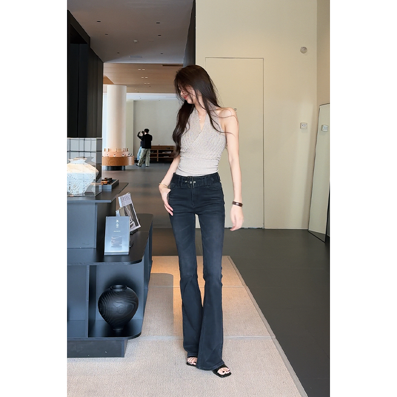 【ZOE】美式灰腰带款中高腰复古牛仔喇叭裤设计感微喇显高显瘦