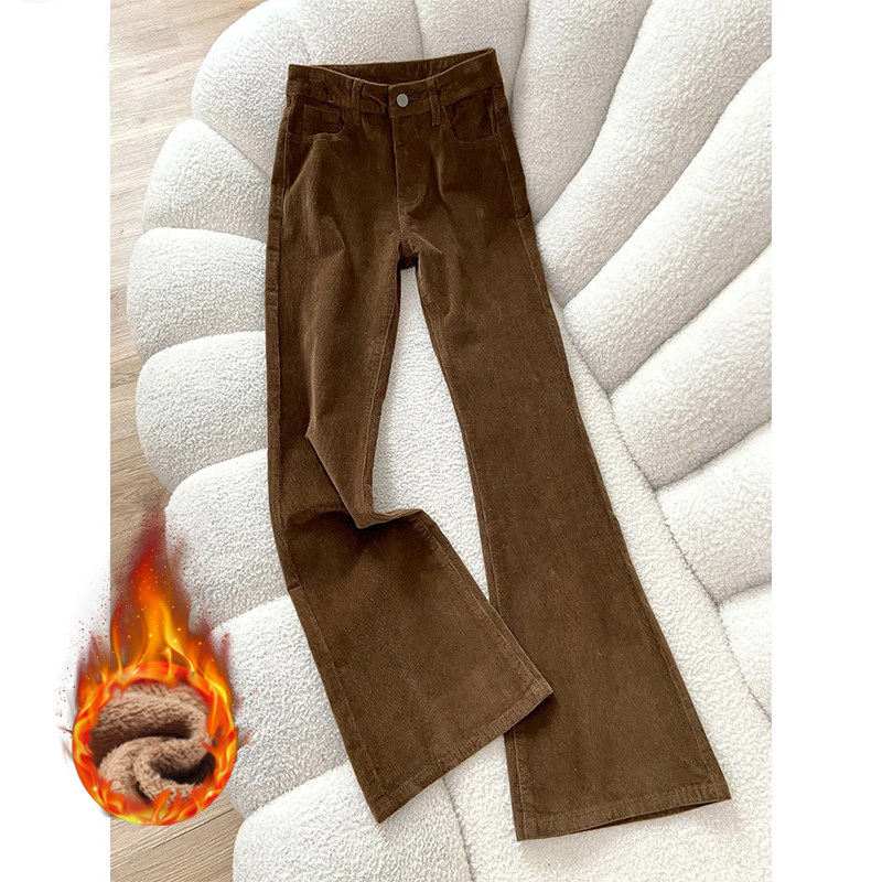 灯芯绒加绒加厚微喇休闲裤女2025秋冬新款美拉德咖色喇叭拖地裤子