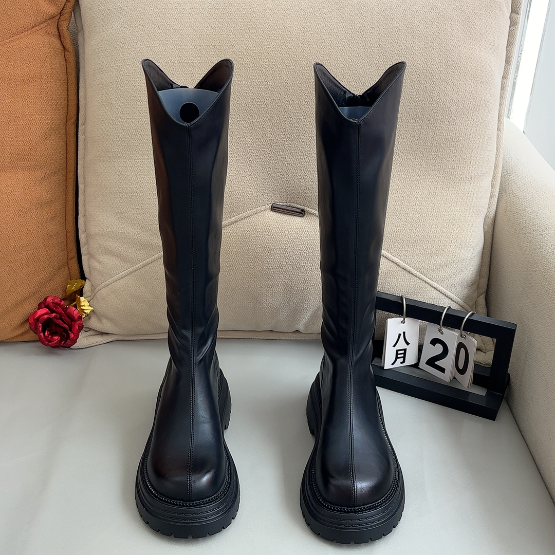 小个子流浪丹宁风时装靴棕色中筒靴城市机能风时尚2025胖瘦5公分