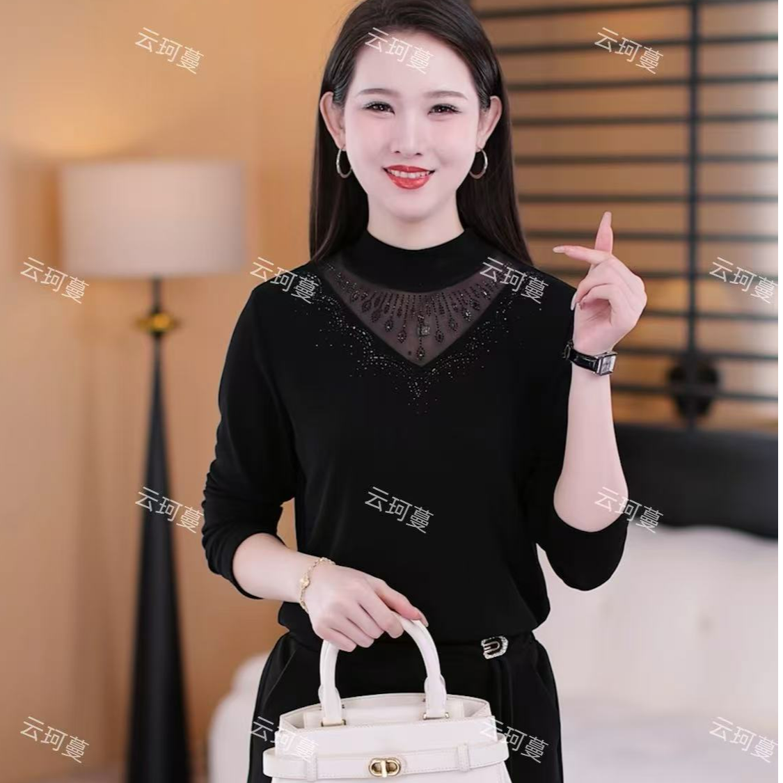 YUNKEMAN/云珂蔓烫钻外穿内搭洋气时尚秋冬加绒打底衫大码修身