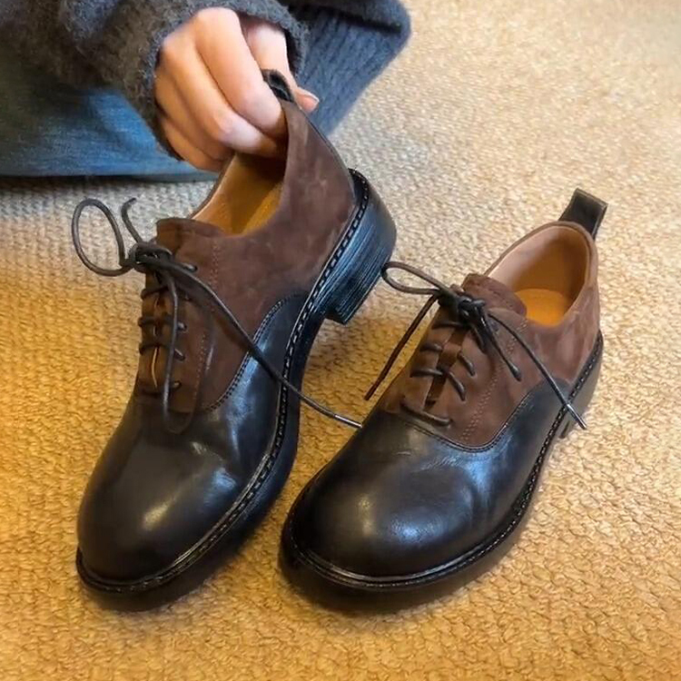 羊皮版~复古巴恩风绒面拼接低跟小皮鞋女圆头系带软皮乐福鞋单鞋