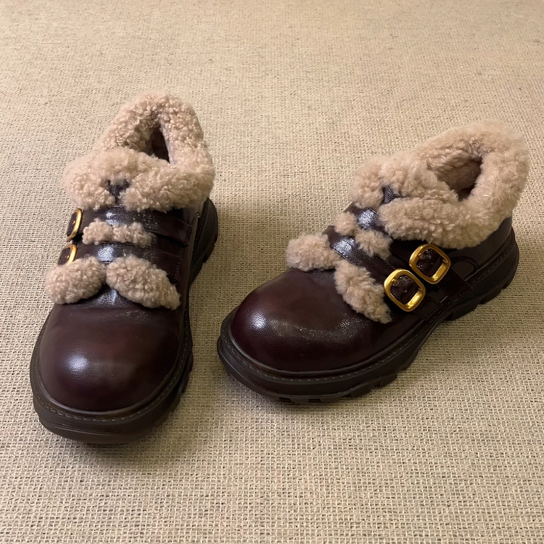 RubyL/4cm秋冬保暖复古风通勤百搭双皮带扣圆头厚底毛毛单鞋女款