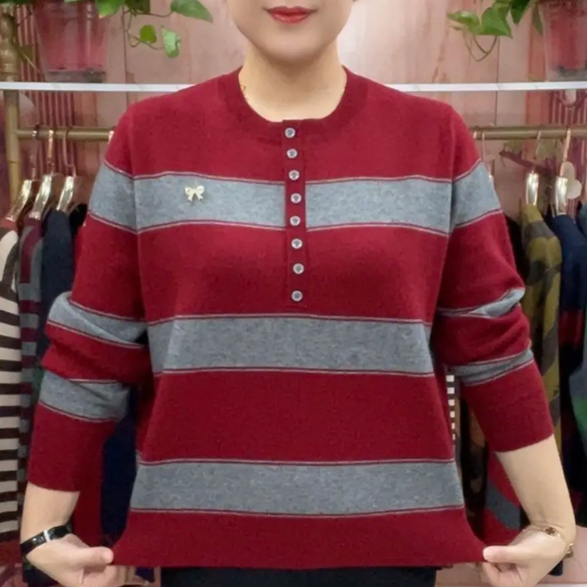 秋冬季时尚女装针织打底衫2025新款百搭条纹拼色妈妈装大码保暖衣