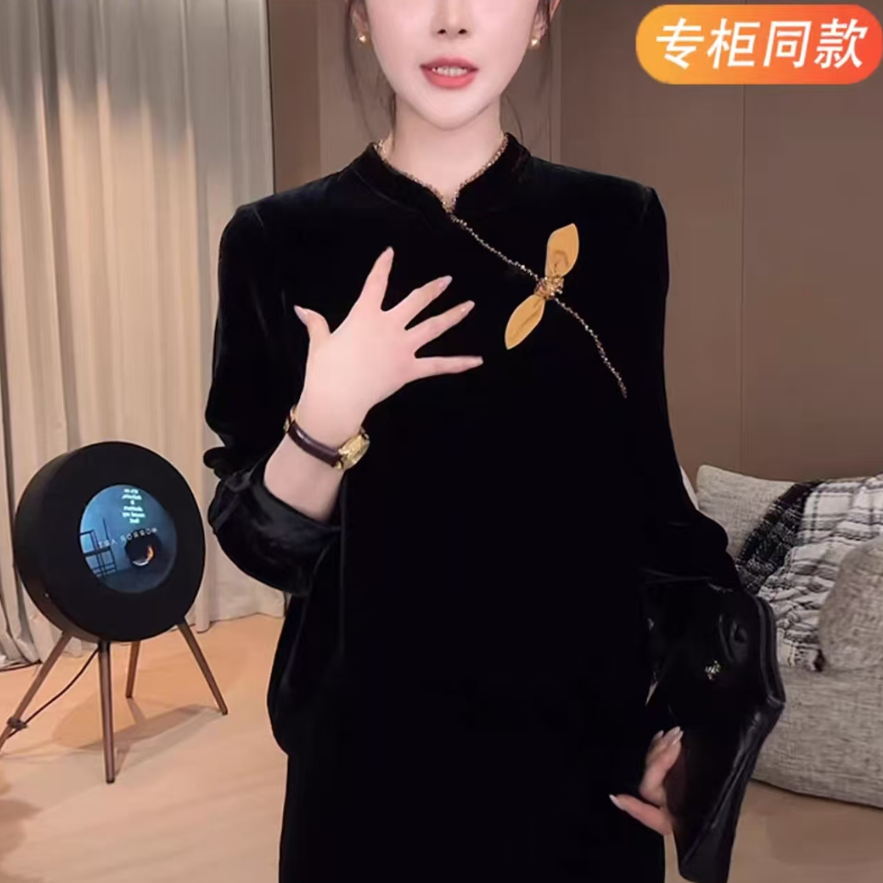 高端金丝绒上衣女装长袖t恤春秋季新款宽松真丝衬衫黑色打底小衫