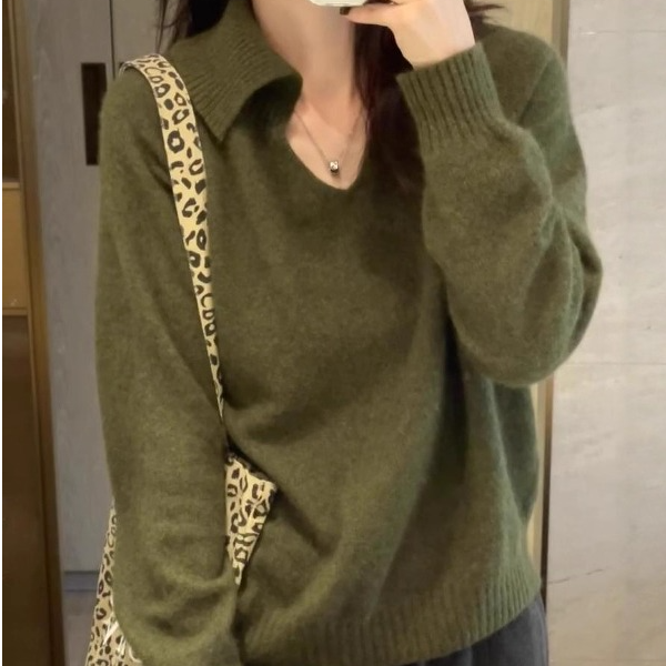 大码女装复古翻领套头毛衣秋冬季2025新款胖mm高级显瘦针织衫上衣