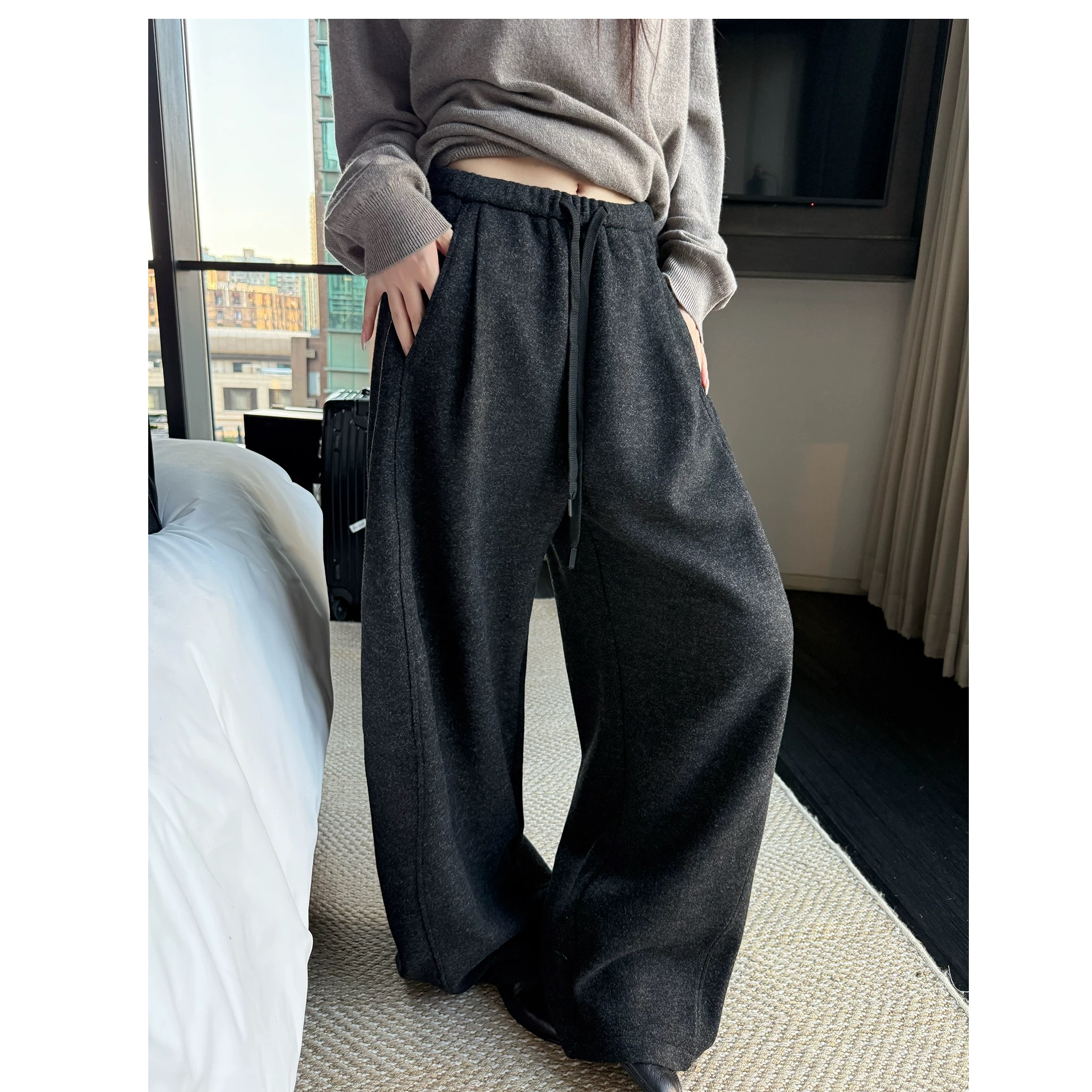 猫猫家加长女裤WJ//1109毛毛口袋弯刀裤//咖啡休闲裤