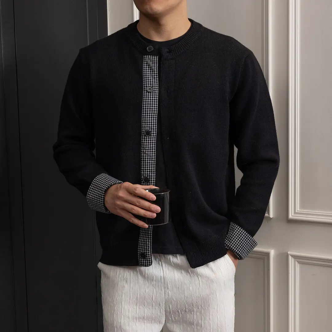 格子假两件老钱风针织毛衣开衫男士秋冬季重工圆领纽扣厚外套上衣