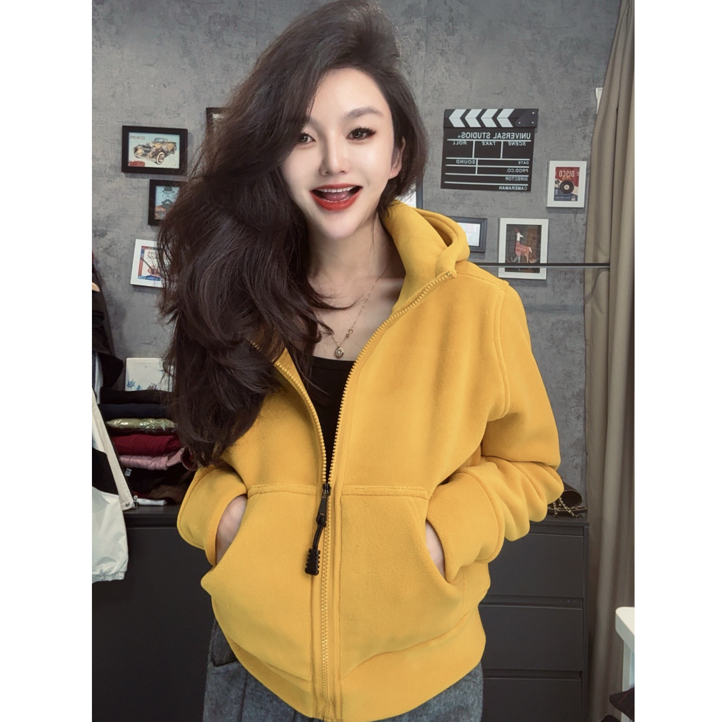 加绒加厚双面奥粒绒连帽外套女宽松百搭设计休闲百搭开衫上衣