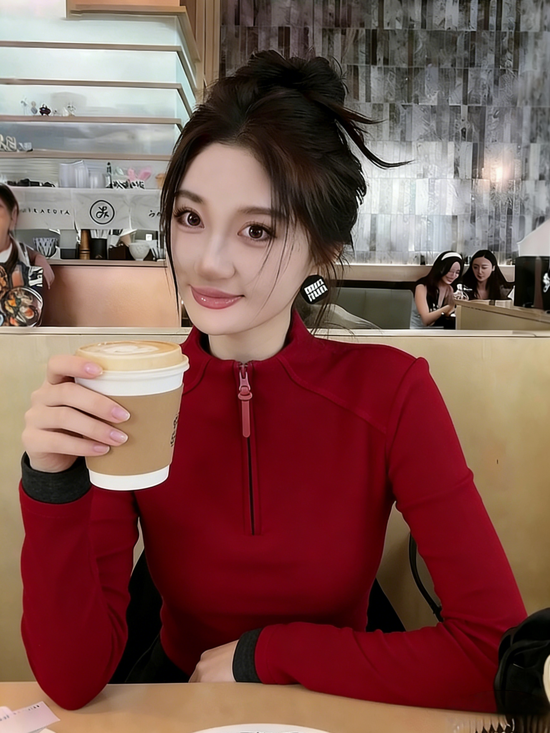 高级感中国红半拉链立领长袖T恤女秋冬新款德绒百搭休闲打底上衣