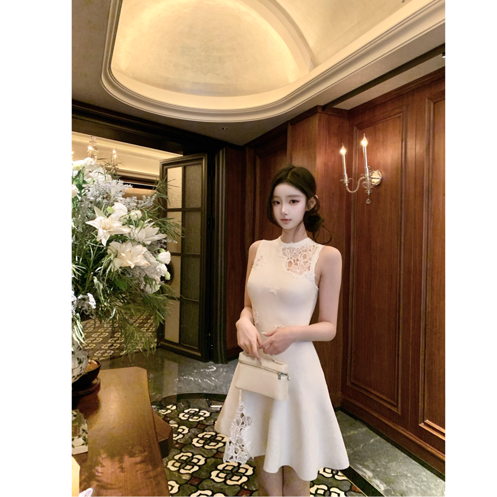 【雪落蔷薇】2026春季新款设计感白色蕾丝镂空设计感无袖连衣裙短裙