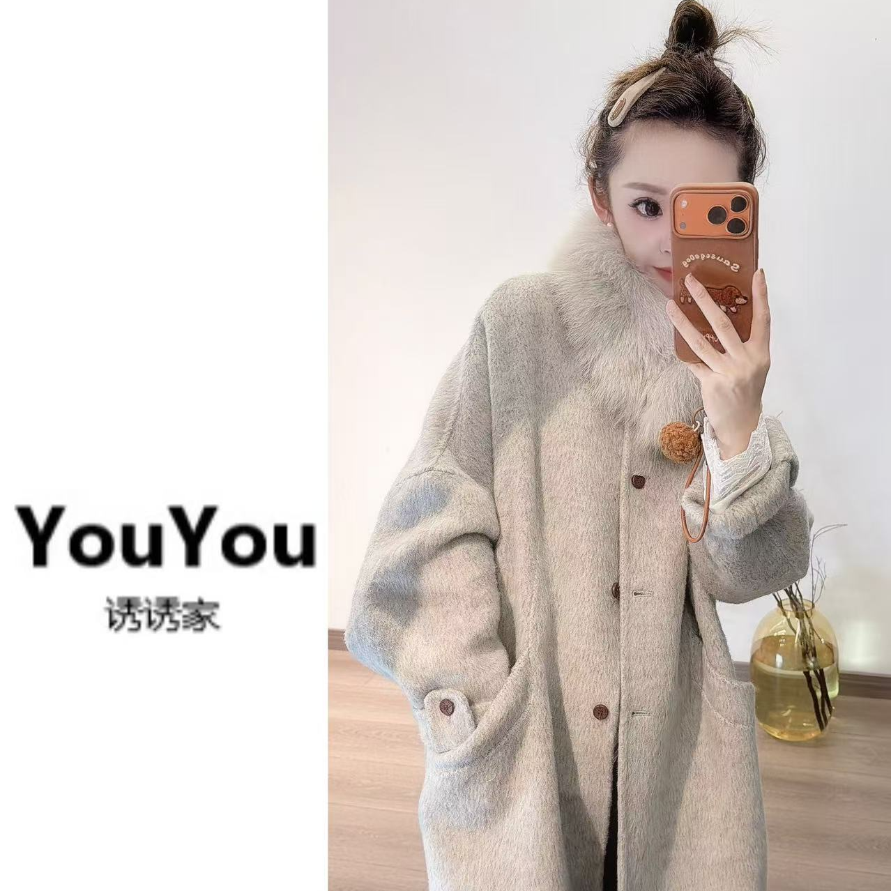 新款宽松气质呢外套狐狸毛领圆领长款羊毛大衣（不可机洗）