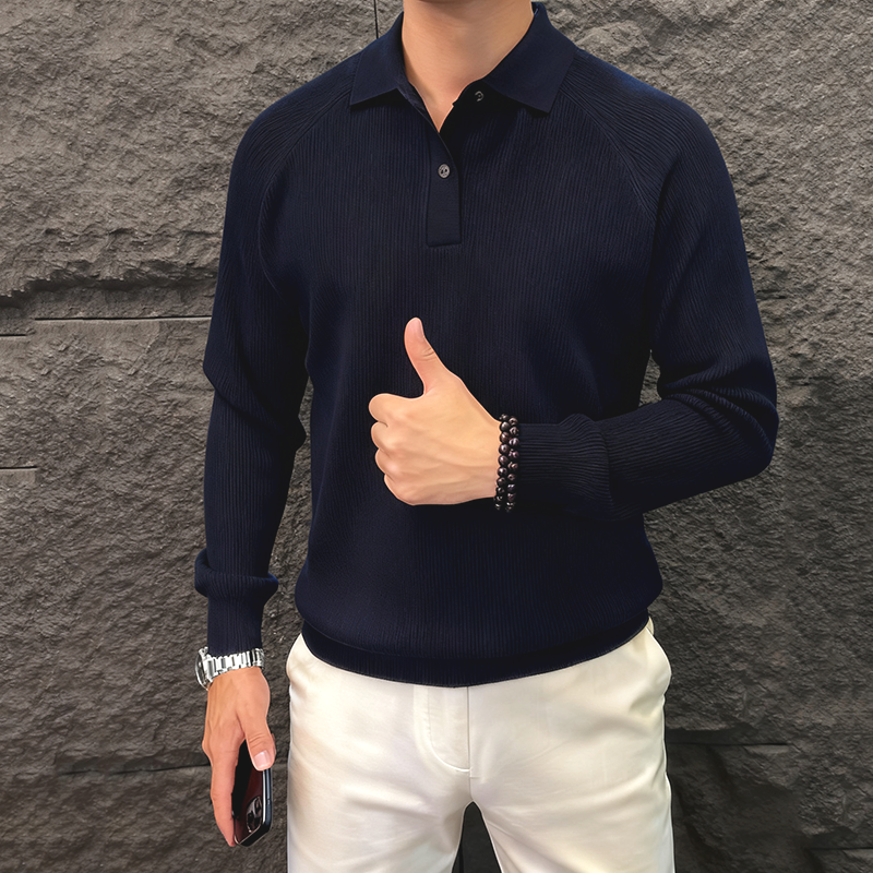 【绵羊毛】冬季网红款针织衫男时尚休闲百搭长袖纯色加厚翻领羊毛衫