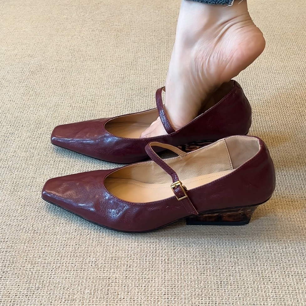 RubyL/4.5cm设计感简约一字扣带小方头琥珀坡跟玛丽珍单鞋女款