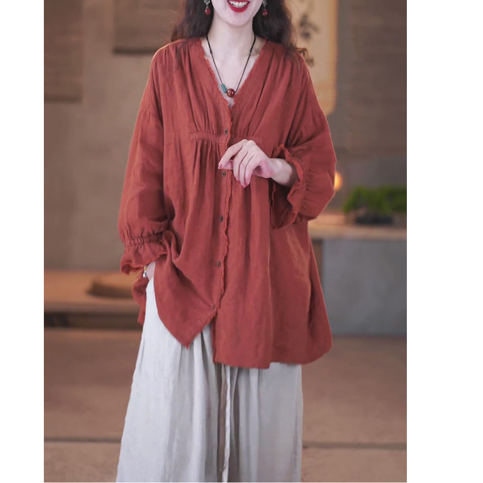 高档复古时尚上衣女2025春秋新款民族风大码宽松显瘦减龄纯色衬衫