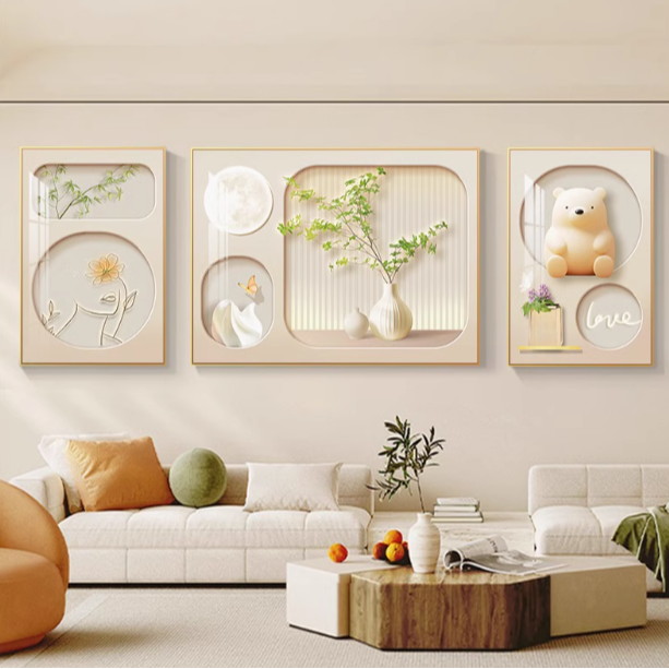 【奶油风三联】2025新款客厅小清新沙发背景墙大气客厅背景墙挂画