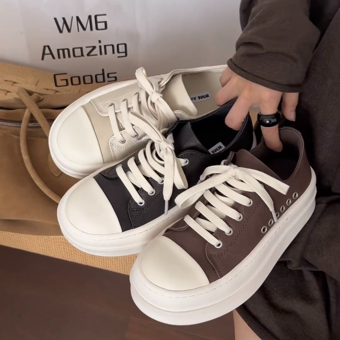 wm6女鞋真皮厚底低帮板鞋时尚百搭韩版增高系带休闲鞋6902-122