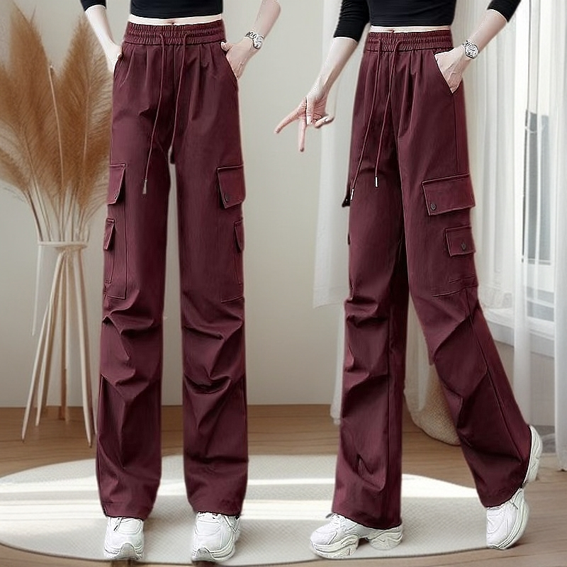 美式工装裤女2025春秋新款松紧腰百搭显瘦两穿束脚直筒休闲阔腿裤