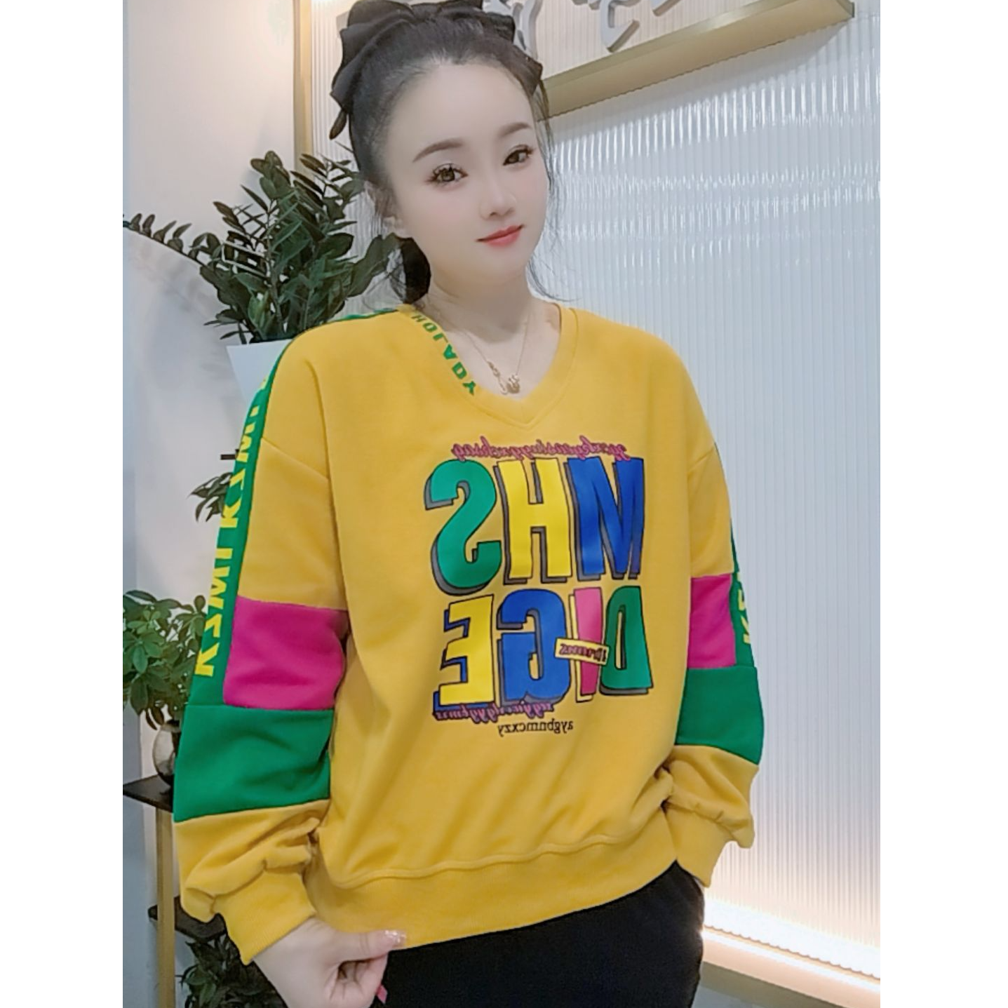 【婉婷服饰】8510卫衣V领春秋款女士潮牌时尚百搭休闲宽松遮肉显瘦